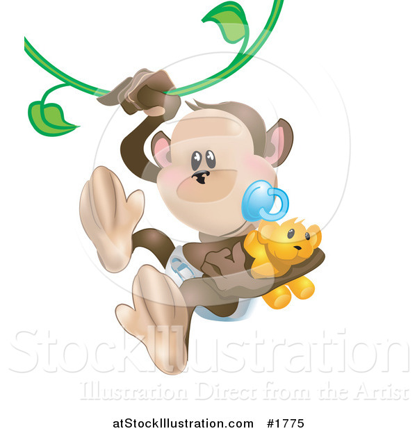 Vector Illustration of a Baby Monkey with a Pacifier and Teddy Bear, Swinging on a Vine