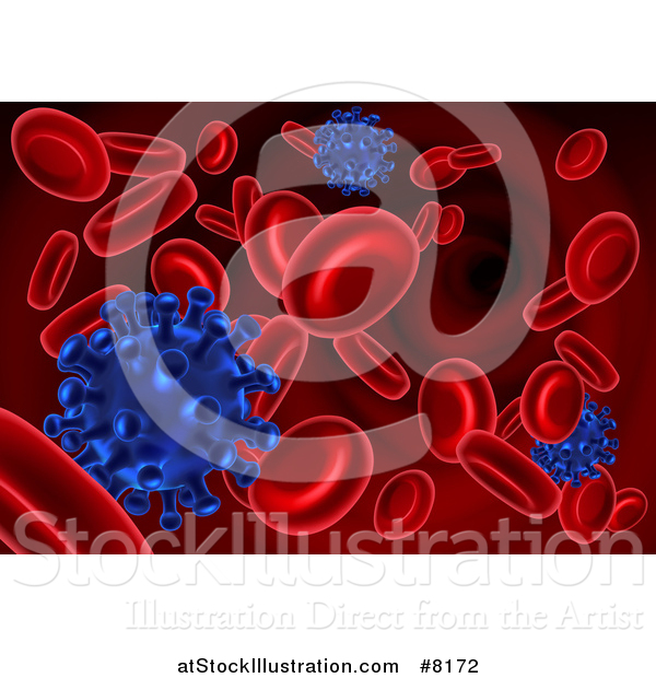 Vector Illustration of a Background of 3d Blue Viruses Attacking Red Blood Cells