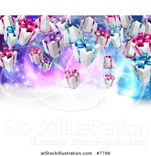 Vector Illustration of a Background of Birthday or Christmas Gift Boxes over a Purple and Blue Background with Text Space