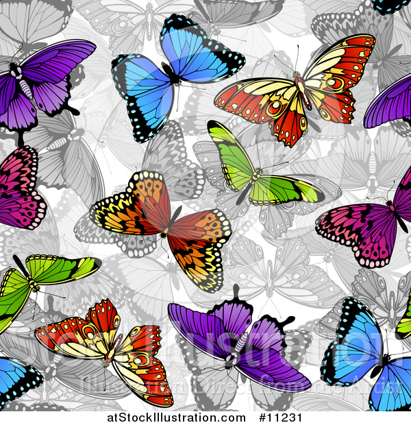 Vector Illustration of a Background of Colorful Butterflies over Grayscale