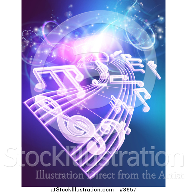 Vector Illustration of a Background of Floating Sheet Music over Blue with Magical Lights