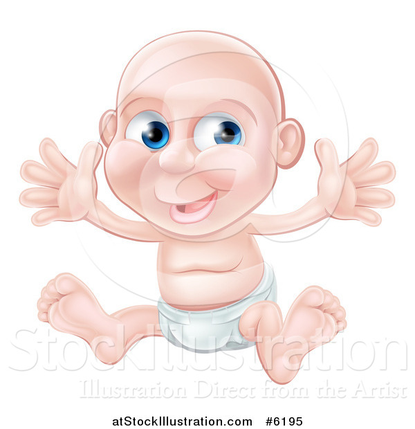 Vector Illustration of a Bald Blue Eyed Caucasian Baby Boy Sitting in a Diaper and Holding out Both Arms