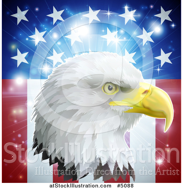 Vector Illustration of a Bald Eagle Head over an American Burst with Stars and Stripes