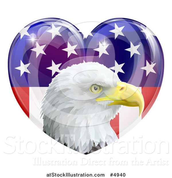 Vector Illustration of a Bald Eagle Head over an American Flag Heart