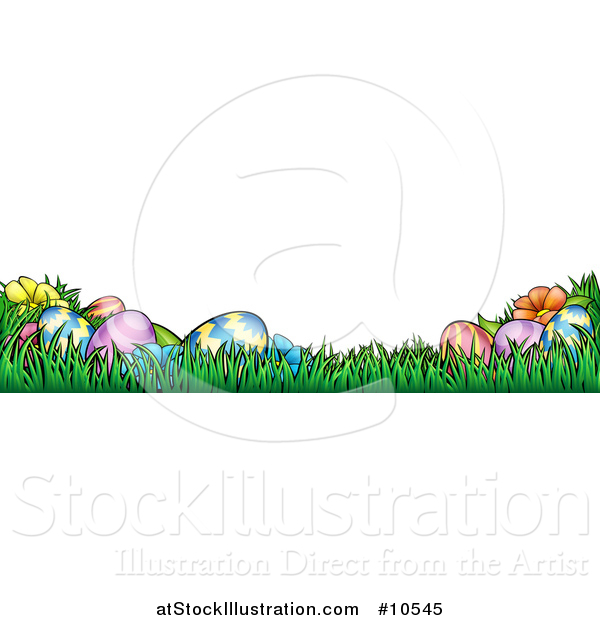 Vector Illustration of a Banner of Easter Eggs and Flowers in Grass
