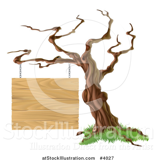 Vector Illustration of a Bare Tree with a Wooden Sign Suspended from a Branch