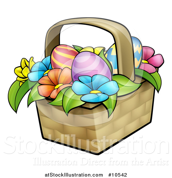 Vector Illustration of a Basket of Easter Eggs and Colorful Flowers