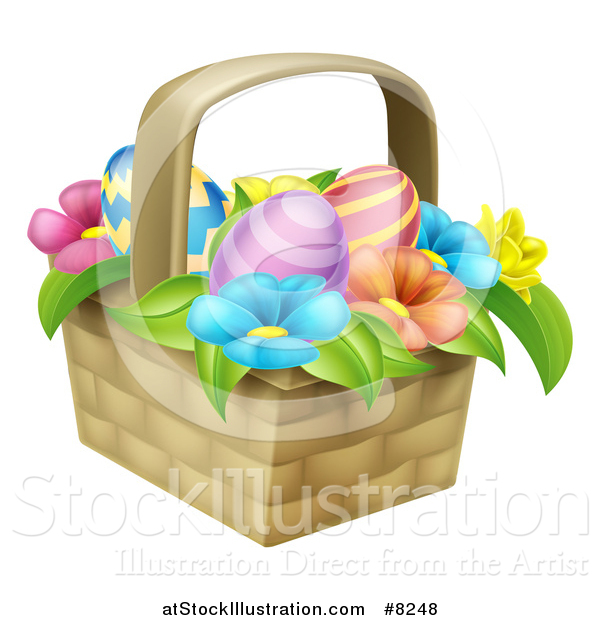 Vector Illustration of a Basket of Easter Eggs and Colorful Flowers