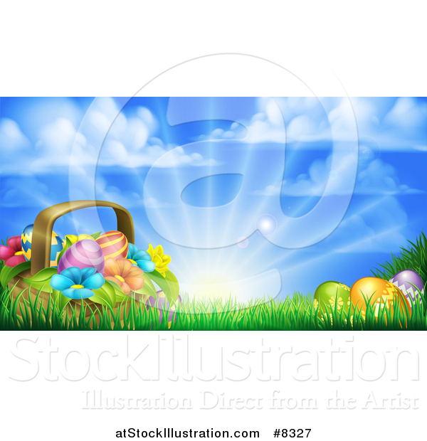 Vector Illustration of a Basket of Easter Eggs and Flowers in Grass, Against a Sunny Sky