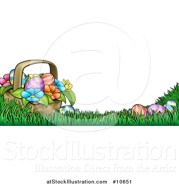 Vector Illustration of a Basket of Easter Eggs and Flowers in Grass