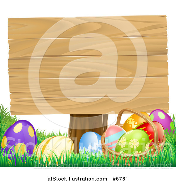 Vector Illustration of a Basket of Easter Eggs in the Grass Under a Blank Wood Sign