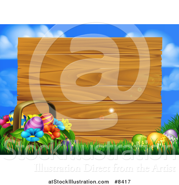 Vector Illustration of a Basket of Flowers and Easter Eggs by a Blank Wood Sign, with Blue Sky and Light Flares