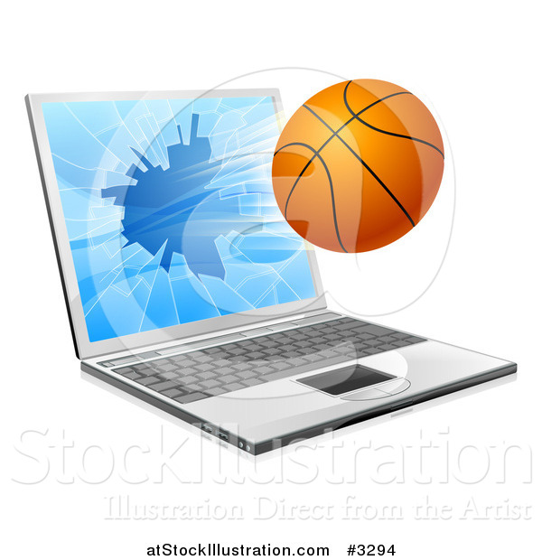Vector Illustration of a Basketball Crashing Through a 3d Laptop Screen