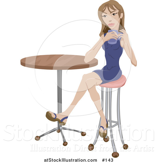 Vector Illustration of a Beautiful Young Caucasian Woman Sitting at a Table, Drinking Tea or Coffee Alone