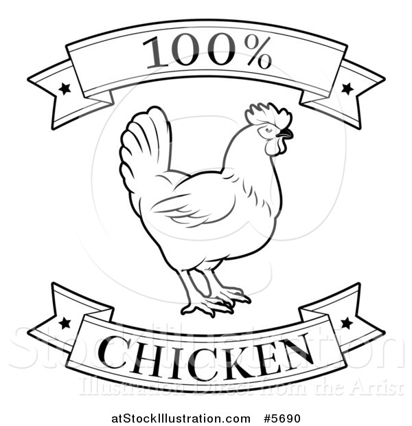 Vector Illustration of a Black and White 100 Percent Chicken Food Banners and Rooster