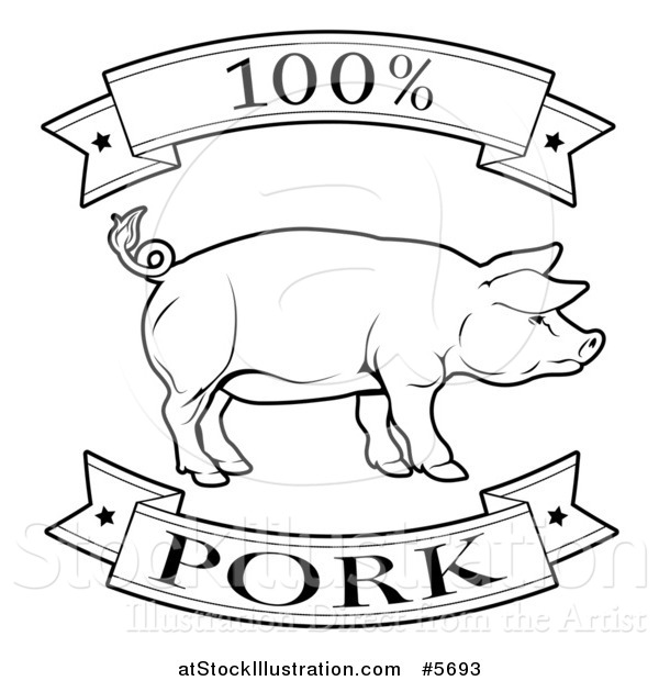 Vector Illustration of a Black and White 100 Percent Pork Food Banners and Pig