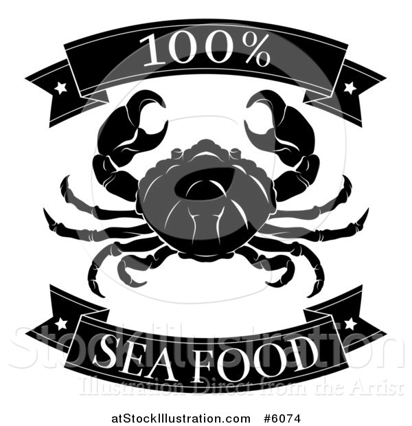 Vector Illustration of a Black and White 100 Percent Seafood Food Banners and Crab