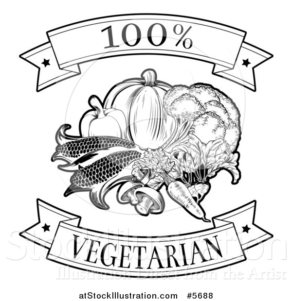 Vector Illustration of a Black and White 100 Percent Vegetarian Food Banners and Vegetables