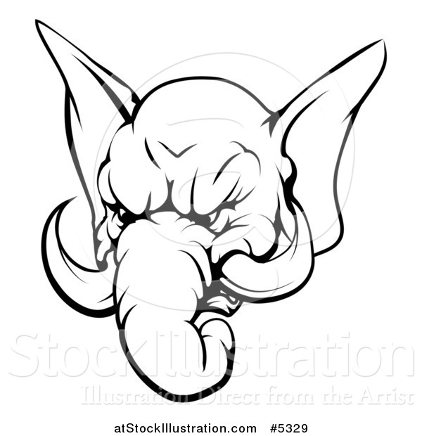 Vector Illustration of a Black and White Aggressive Elephant Mascot Head