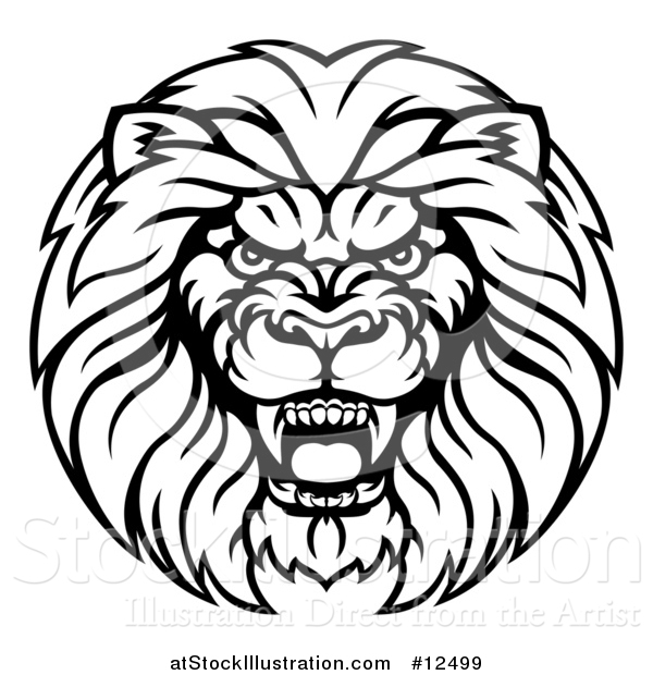 Vector Illustration of a Black and White Aggressive Male Lion Head