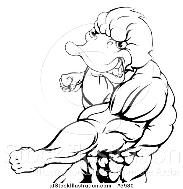 Vector Illustration of a Black and White Aggressive Muscular Duck Man Punching