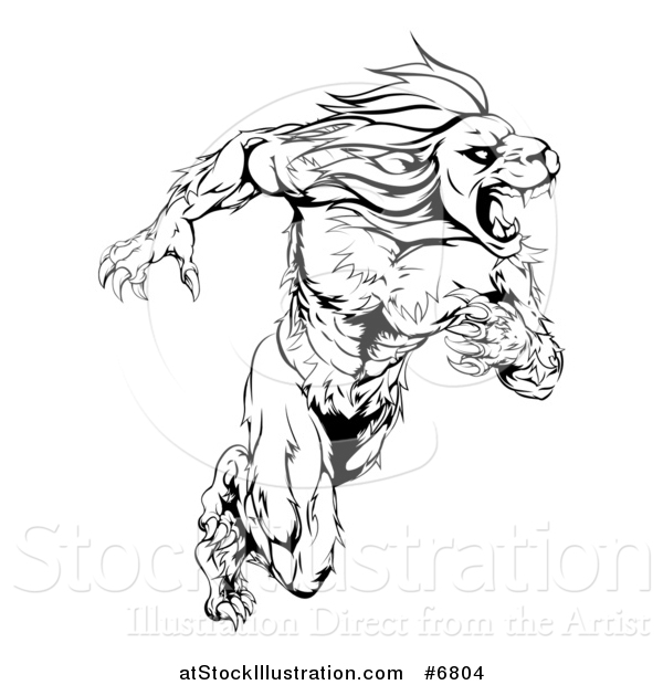 Vector Illustration of a Black and White Aggressive Muscular Sprinting Lion Man Mascot