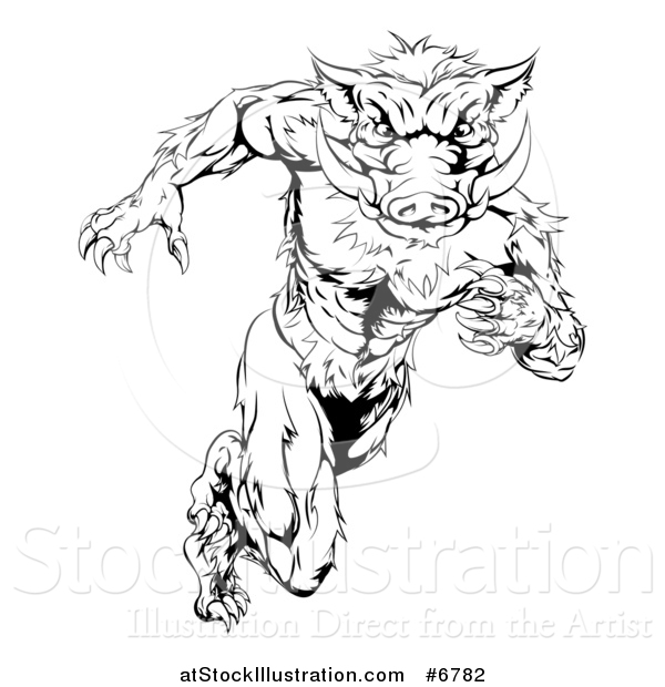 Vector Illustration of a Black and White Aggressive Sprinting Muscular Boar Man