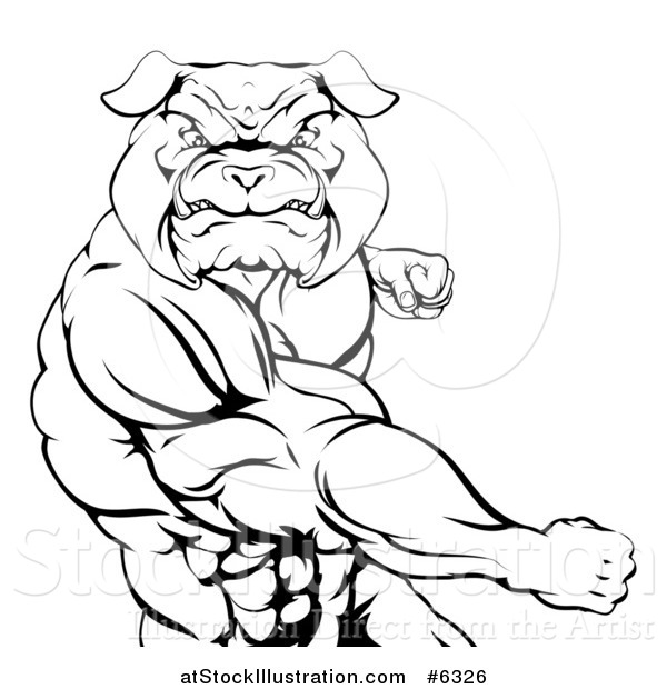 Vector Illustration of a Black and White Angry Muscular Bulldog Man Punching