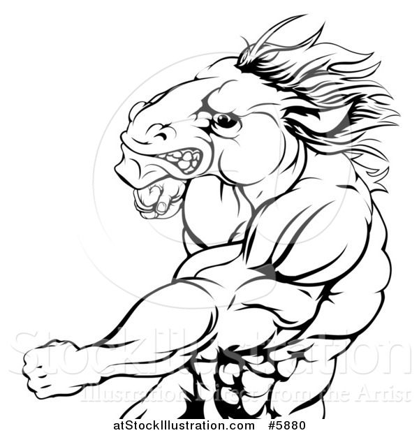 Vector Illustration of a Black and White Angry Muscular Horse Man Punching