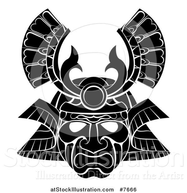 Vector Illustration of a Black and White Asian Samurai Mask