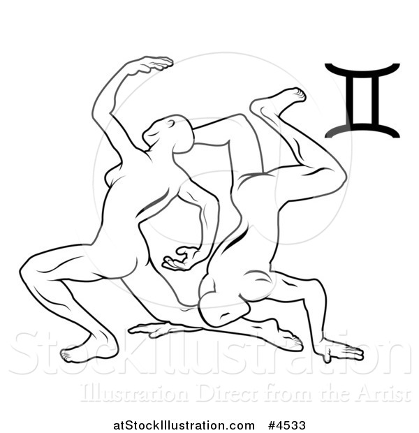 Vector Illustration of a Black and White Astrology Zodiac Gemini Twins and Symbol