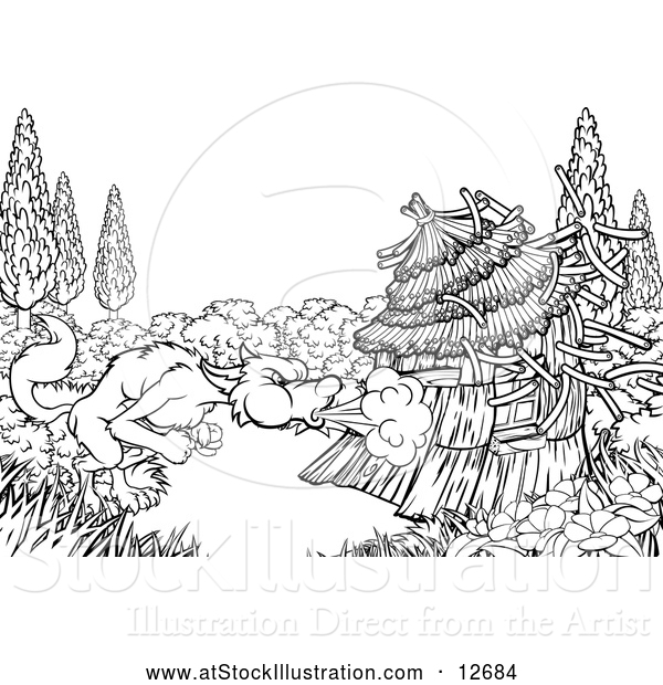 Vector Illustration of a Black and White Big Bad Wolf Blowing down a Straw House