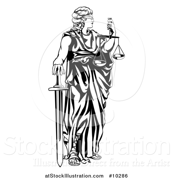 Vector Illustration of a Black and White Blindfolded Lady Justice Holding Scales and a Sword