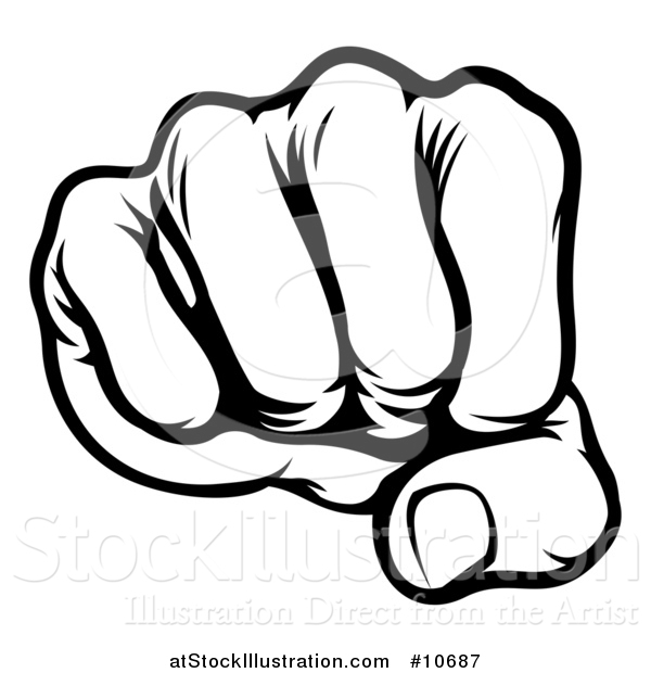 Vector Illustration of a Black and White Cartoon Fist Punching