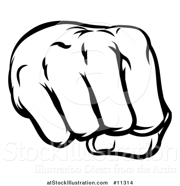 Vector Illustration of a Black and White Cartoon Fist Punching