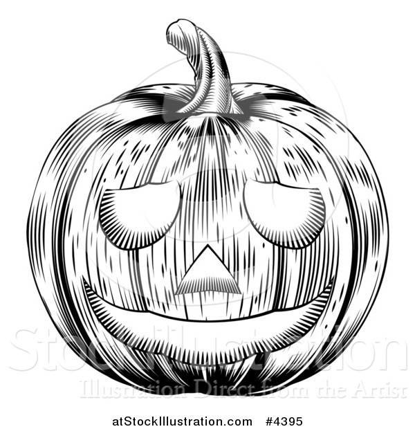 Vector Illustration of a Black and White Carved Halloween Woodcut Jackolantern Pumpkin