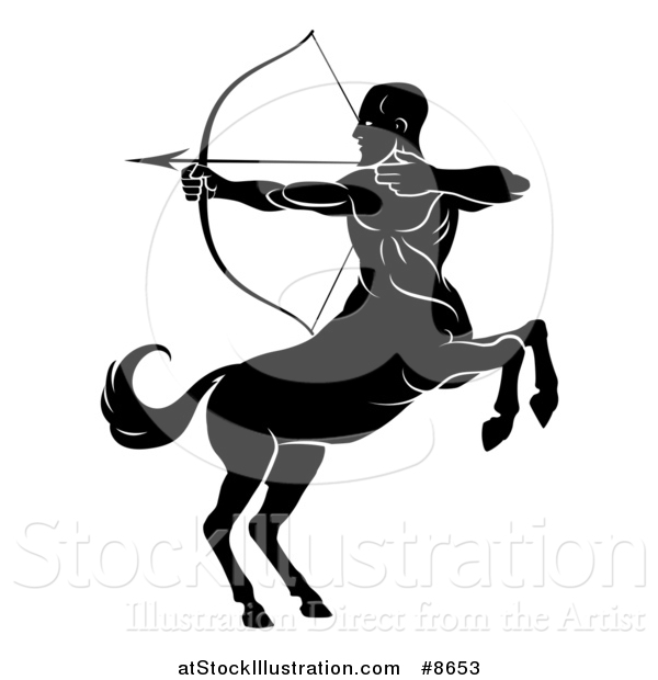 Vector Illustration of a Black and White Centaur Archer, Half Man, Half Horse, Rearing and Aiming to the Left