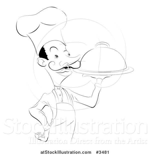 Vector Illustration of a Black and White Chef Carrying a Platter and Cloche