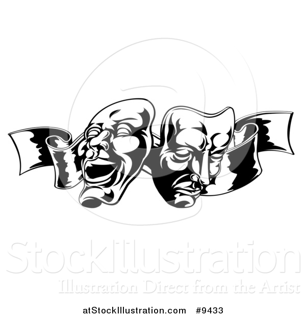 Vector Illustration of a Black and White Comedy and Tragedy Theater Masks on a Ribbon