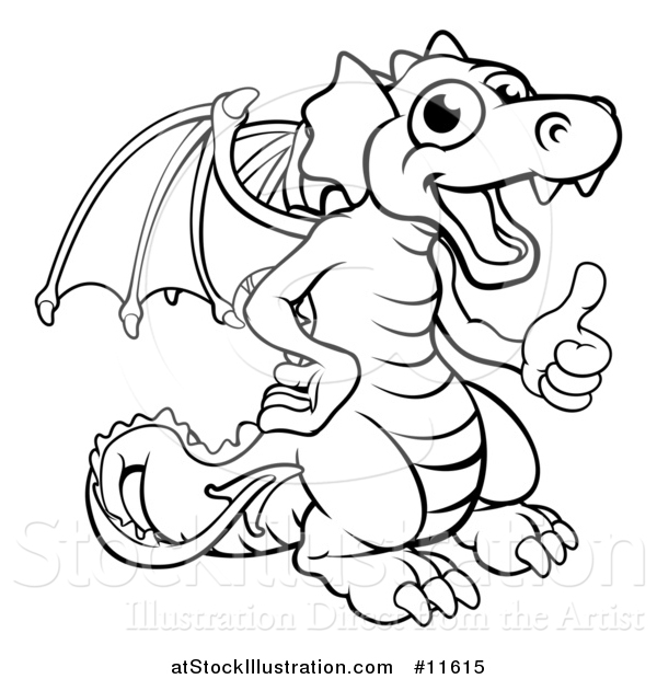 Vector Illustration of a Black and White Dragon Giving a Thumb up