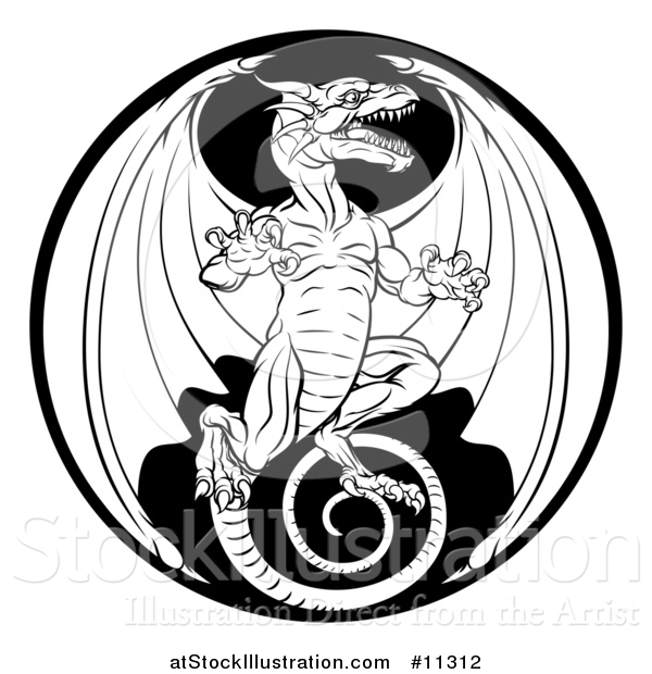 Vector Illustration of a Black and White Dragon in a Circle