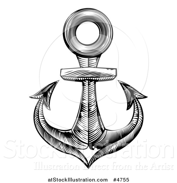 Vector Illustration of a Black and White Engraved Anchor