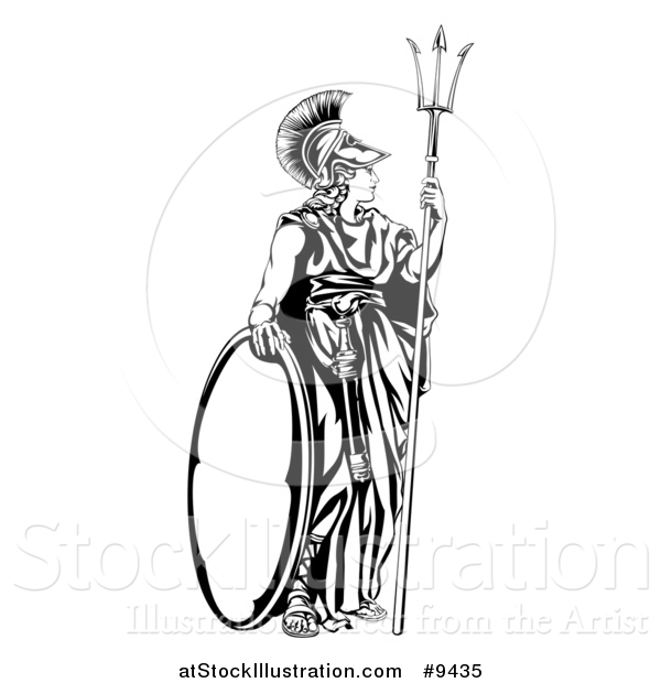 Vector Illustration of a Black and White Engraved Athena Britannia with a Trident and Shield