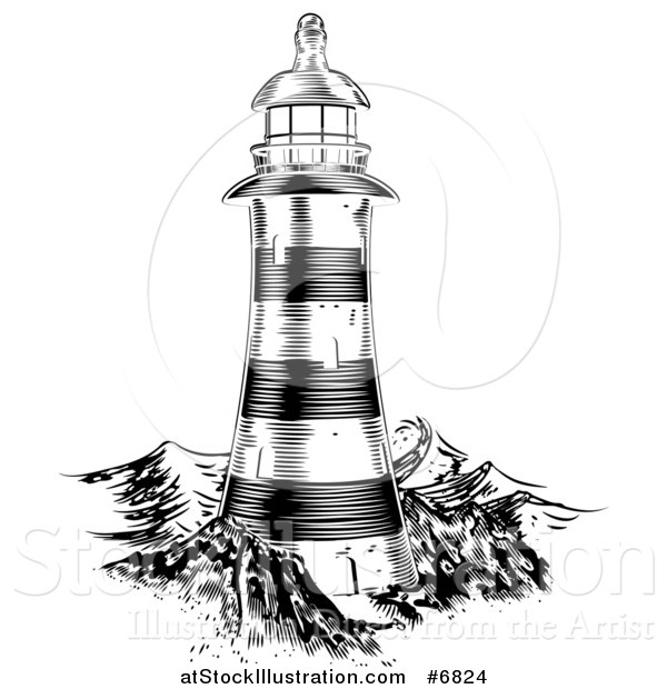 Vector Illustration of a Black and White Engraved Lighthouse at Sea