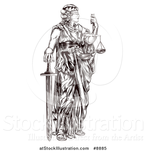Vector Illustration of a Black and White Engraved or Woodcut Blindfolded Lady Justice Holding Scales and a Sword