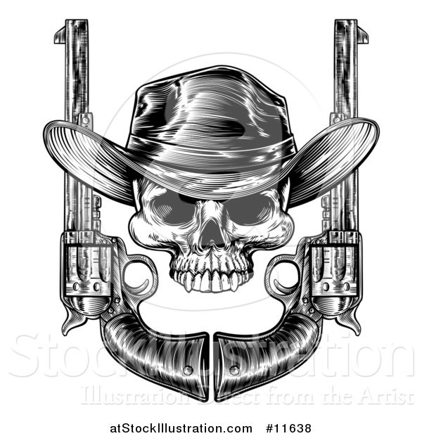 Vector Illustration of a Black and White Engraved or Woodcut Styled Cowboy Skull and Pistols