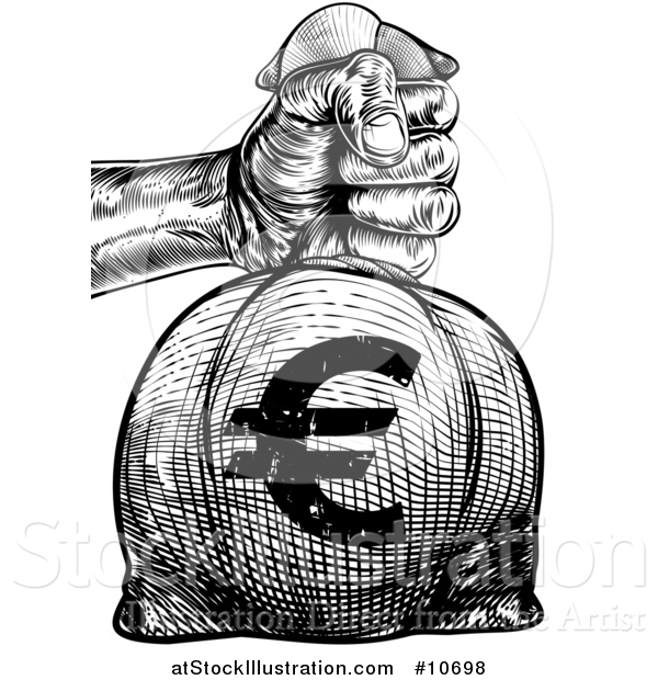 Vector Illustration of a Black and White Engraved or Woodcut Styled Hand Holding out a Burlap Euro Money Bag Sack to Pay Taxes