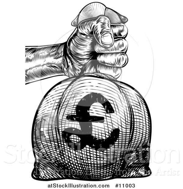 Vector Illustration of a Black and White Engraved or Woodcut Styled Hand Holding out a Euro Burlap Money Bag Sack