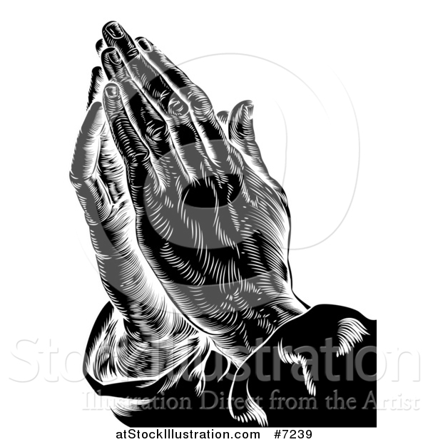 Vector Illustration of a Black and White Engraved Prayer Hands