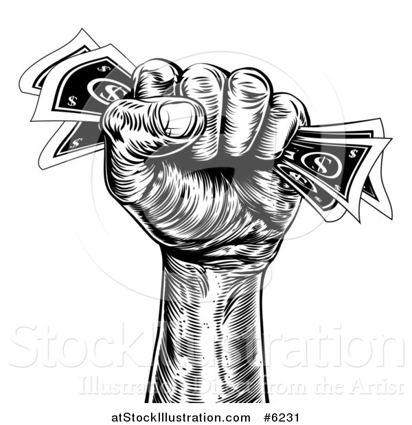 Vector Illustration of a Black and White Engraved Revolutionary Fist Holding Money